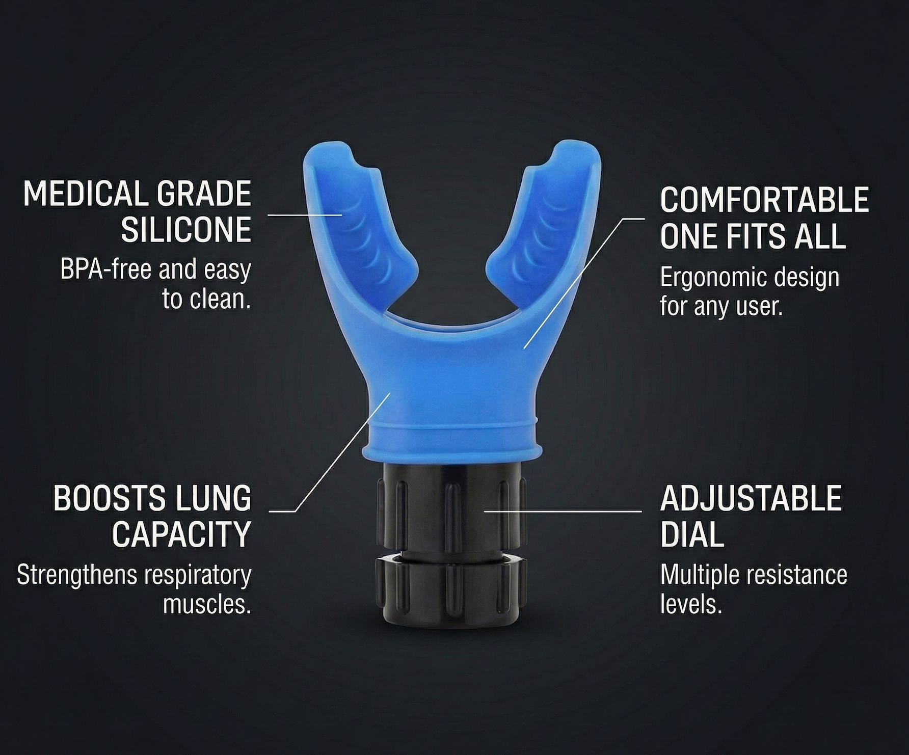Blue deep-breathing mouthpiece for mindfulness and controlled respiratory training