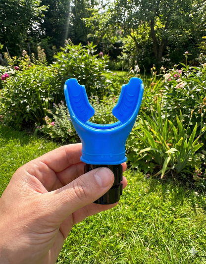 Blue ergonomic silicone mouthpiece respiratory trainer with a comfortable universal fit for all users.